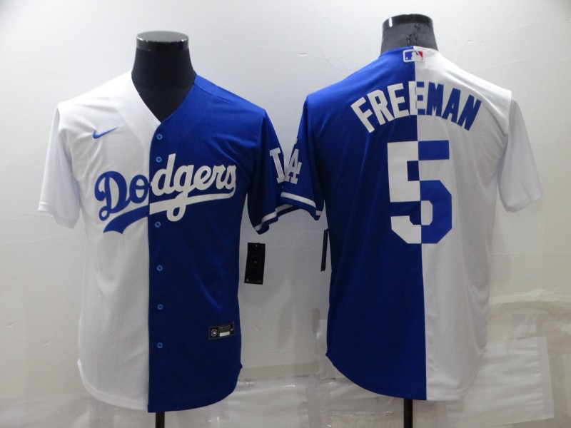 Men's White/Blue Los Angeles Dodgers #5 Freddie Freeman Split Cool Base Stitched Baseball Jersey